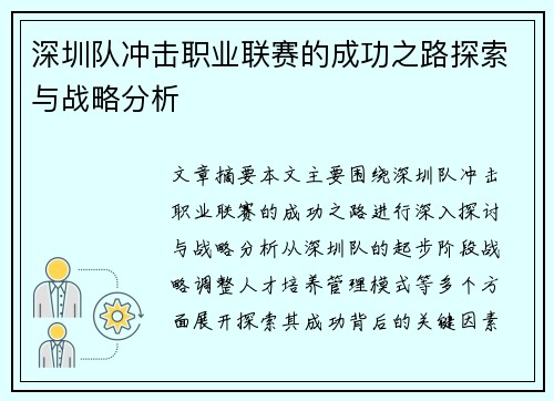 深圳队冲击职业联赛的成功之路探索与战略分析 深圳队冲击职业联赛的成功之路探索与战略分析